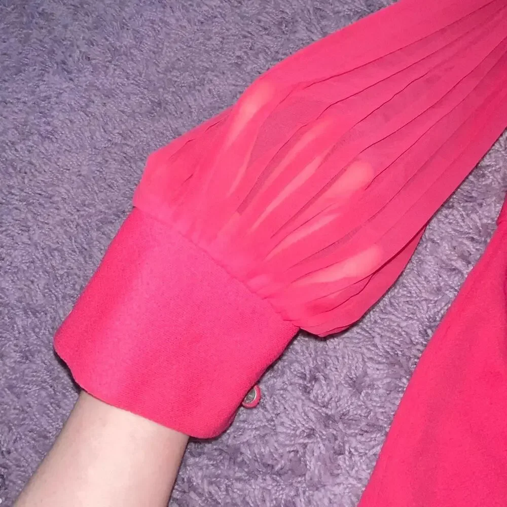 M Hot Pink VTG Button Up Long Sheer Sleeve Fitted Blazer Shirt Dress Pleated Top